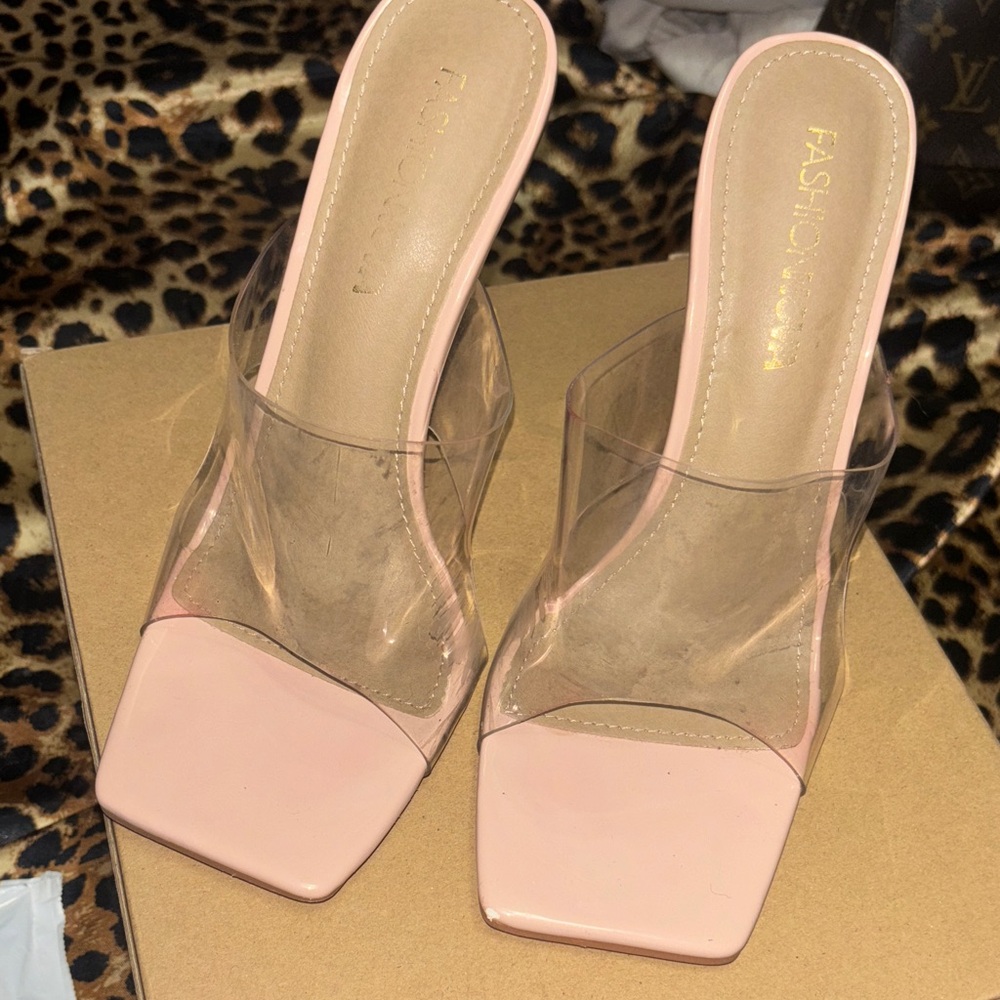 Fashion Nova Blush Pink Heels with Clear Straps